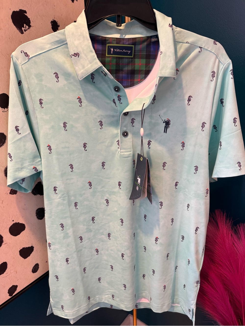 William Murray Golf Light Mint Green Seahorse Print Polo